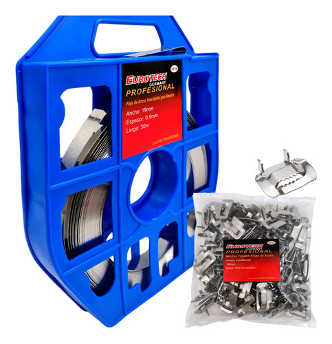 Cinta Fleje 30mt. 19mm. + 100 Hebillas - Acero Inox Azul (dispensador) / Metal (fleje Y Hebillas)